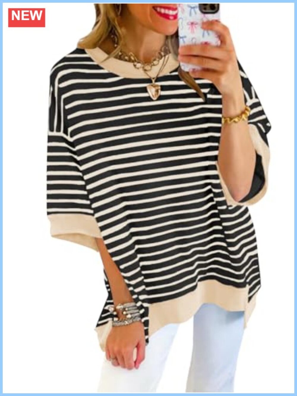 Women's Oversized Striped Pullover Sweatshirt Short Sleeve Crew Neck Loose